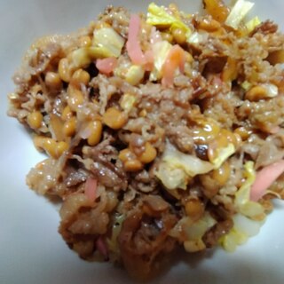 納豆と春キャベツと紅生姜混ぜ牛丼